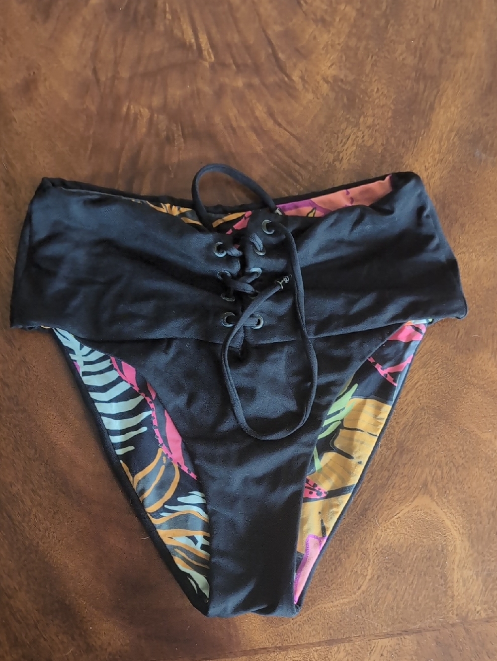 Black Lace-Up High Waist Bikini Bottom with Tropical Print